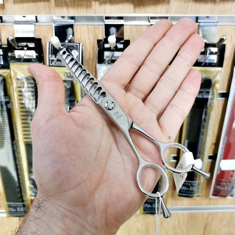Forbici Professionali Giapponesi Texturizzanti Joewell CXG-11/30L per mancini Mikado S.r.l. particolare lama con 11 denti microdentati e vite regolabile