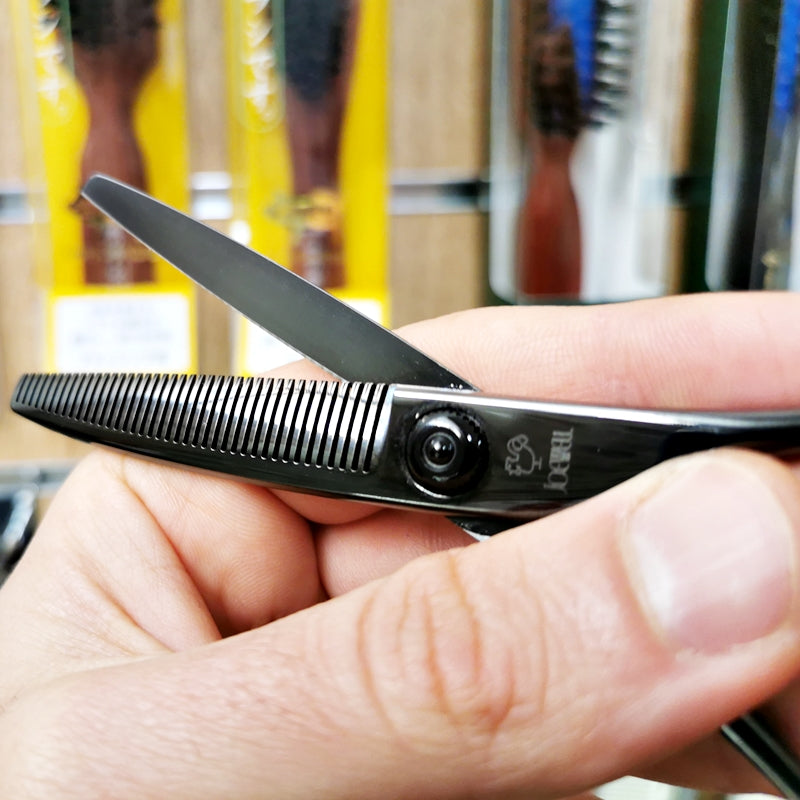 Forbici Giapponesi Sfoltitrici Joewell HXT-40 Black Titanium Mikado S.r.l. particolare lama dentata