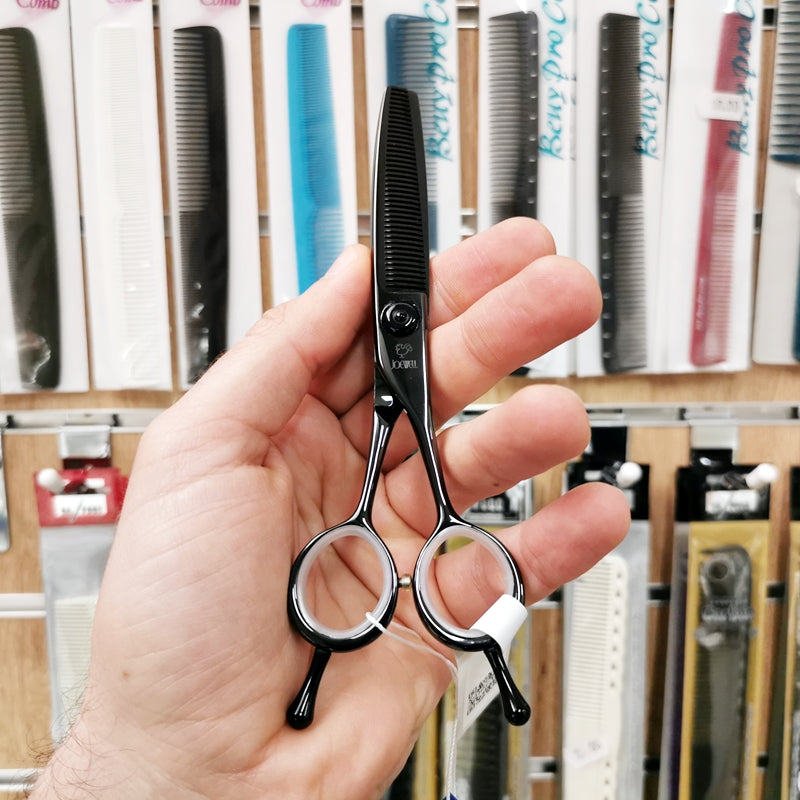 Forbici Giapponesi Sfoltitrici Joewell HXT-40 Black Titanium Mikado S.r.l. particolare lama dentata e vite regolabile